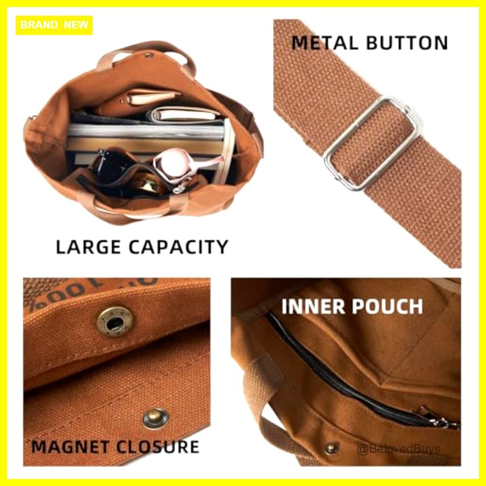 Large Canvas Tote Bag with Adjustable Strap and Coin Purse for Work Travel - Picture 3 of 7